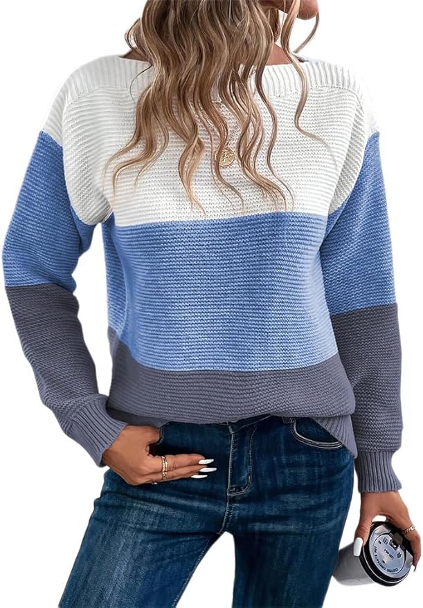 shownicer Pull Femme Automne Hiver Pull en Tricot Manches Longues Col Rond Patchwork Sweater Tops Léger Casual Chaud Pullover