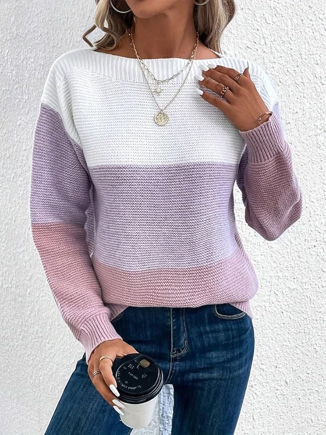 shownicer Pull Femme Automne Hiver Pull en Tricot Manches Longues Col Rond Patchwork Sweater Tops Léger Casual Chaud Pullover