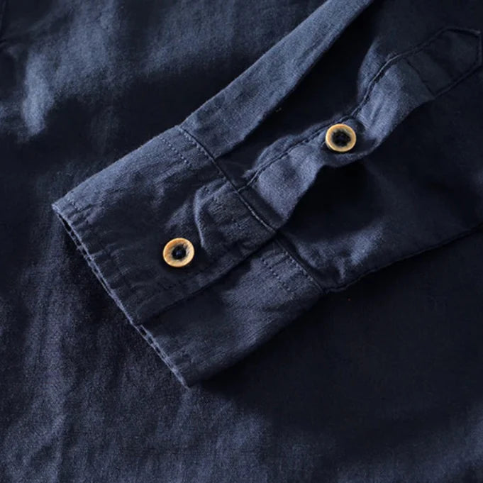 Camicia collo coreano in cotone e lino